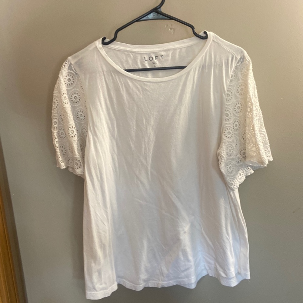Loft white short sleeve shirt with lace sleeves